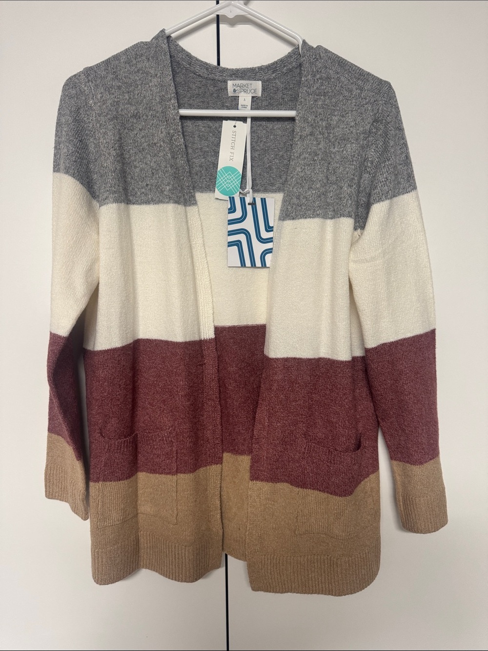 Market & Spruce Striped Open-Front Cardigan in Gray, Cream, Burgundy & Tan NWT